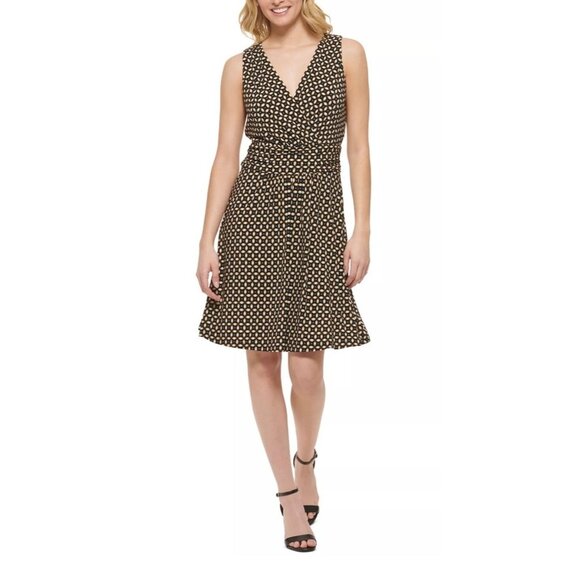 Tommy Hilfiger Black Beige Geometric Print Dress Size 14 Summer‎ Office Career - Picture 3 of 12